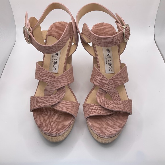 Jimmy Choo Aleili 100 Pink Snake Printed Leather Cork Wedges Size 38.5